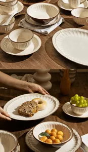 Dettaglio set stoviglie in ceramica vintage, ciotole e piatti eleganti smalto per cucina.
