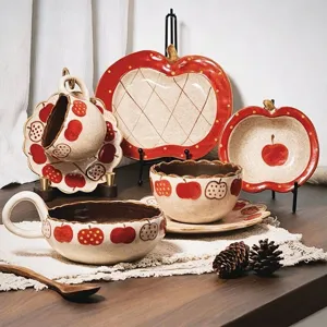 Cute Vintage Apple Pattern Ceramic Tableware Household Dinnerware Bowl Plate Salad Bowl And Coffee Cup