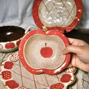 Cute vintage ceramic apple bowl set, hand-painted fruit tableware for kitchen home.