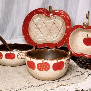 Vintage ceramic bowl and plate set with cute red apple pattern, ideal for salad, soup and home use.
