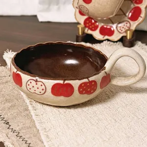 Vintage ceramic handle bowl with cute apple pattern home kitchen tableware salad bowl cup