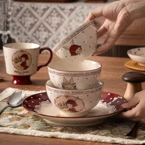Joli service de vaisselle en céramique avec motif cartoon, idéal pour bols de riz et soupes.