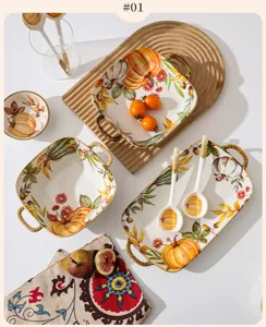 Nordic ceramic pumpkin bowl and plate set, exquisite autumn tableware collection for home use.