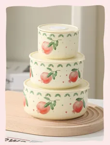Ceramic fresh keeping bowl set with lid microwave safe cute pomegranate print kitchen food storage