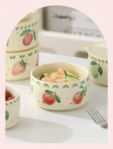 Ceramic fruit pattern lunch box cute food bowl microwave safe tableware detail view