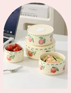 Ceramic fresh-keeping bowl set with lid, cute fruit print lunch box for home and office.