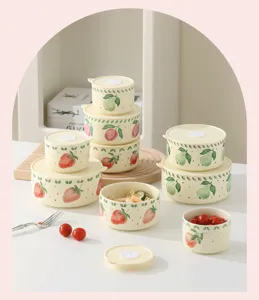 Cute ceramic food storage bowl set with airtight lid, fresh fruit pattern microwave safe.