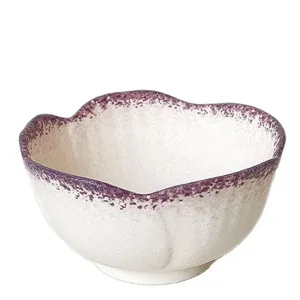 Bol de sopa de cerámica retro con borde moteado morado forma de flor vajilla de casa 1p