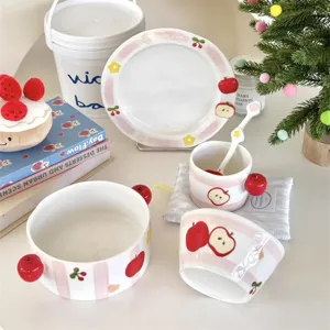 Cute ceramic tableware detail, pink stripe apple bowl mug plate set for home kitchen.