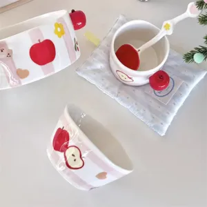 Cute apple ceramic bowl set pink stripe tableware kawaii mug spoon kitchen home dining decor