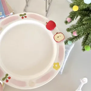 Cute hand-painted ceramic plate with 3d apple and cherry decor for home kitchen dining table.