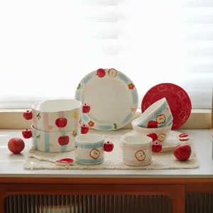Cute Cartoon Ceramic Bowl Plate Mug Set Underglaze Color Pink Blue Apple Tableware Household Dinnerware Gift