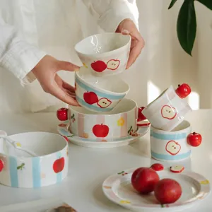 Cute apple ceramic tableware set underglaze bowl mug plate for kitchen dining use