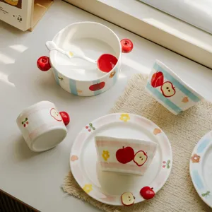 Cute cartoon underglaze ceramic tableware set bowl plate mug for home kitchen use