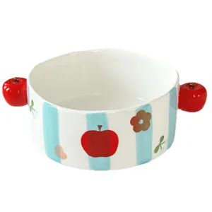 Adorable ceramic double-ear soup bowl with sweet apple pattern for home kitchen dining.