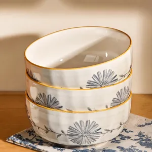 Japanese ceramic bowl set, underglaze blue floral soup bowl with gold rim for kitchen.