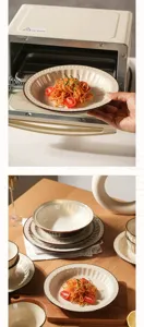 Set de vaisselle en céramique vintage, bols et assiettes rétro pour cuisine de maison.