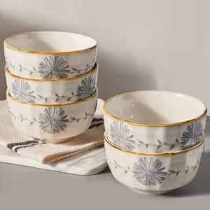 Vaisselle en Céramique Sous Glaçure Japonaise Bol à Riz Bol à Soupe Ménage Motif Floral Ensemble de Vaisselle Combinaison de Plats de Cuisine