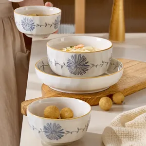 Vaisselle en céramique sous glaçure japonaise bol de riz bol à soupe ensemble floral.