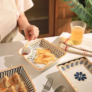 Ceramic compartment dinner plate with dipping sauce dish, stylish tableware for dumplings.