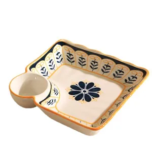Ceramic divided dumpling plate with sauce compartment blue floral porcelain tableware dish