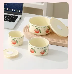 Ceramic fresh-keeping bowl set with airtight lid and wooden tray for daily kitchen use.