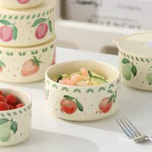 Ceramic Fruit Pattern Fresh Keeping Bowl With Lid Microwave Safe Cute Cartoon Bento Lunch Box For Students And Office Workers Home Tableware