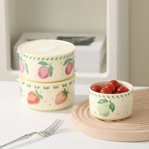 Ceramic Lunch Box Set Microwave Safe Cute Fruit Print Food Storage Container for Daily Use