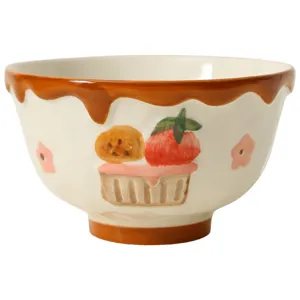 Cute hand-painted ceramic bowl with sweet chocolate drip rim design for home daily meal use.