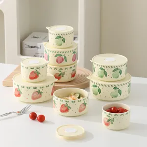 Ceramic fresh-keeping bowl set with lids, cute fruit pattern microwave safe lunch box set.