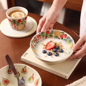 Retro ceramic yogurt bowl set, aesthetic fruit pattern tableware for single serving salad and dessert.