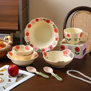 Fresh Ceramic Tableware Set Hand-Painted Floral Bowl Dish Spoon Cute Pastoral Style Kitchen Dining Dinnerware