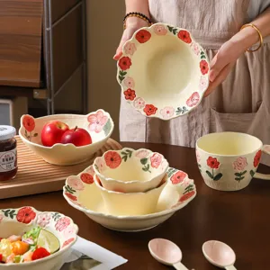 Cute floral ceramic bowl and dish set for home kitchen use, fresh aesthetic tableware.