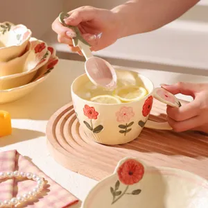Fresh style ceramic bowl and cup set with floral design, ideal for daily dining and cute kitchen.