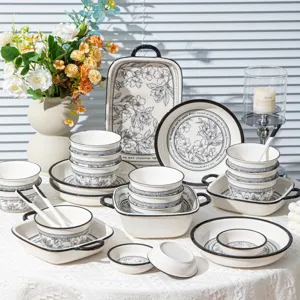 Set di stoviglie in ceramica nordica con elegante design floreale bianco e nero per cucina.