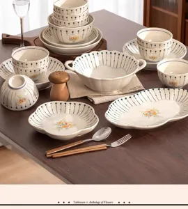 Juego de vajilla de cerámica de lujo francesa con rayas azules y diseño floral para cocina.