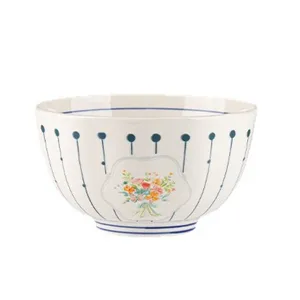 Bol de cerámica de estilo francés con patrón floral a rayas azules para la cocina.