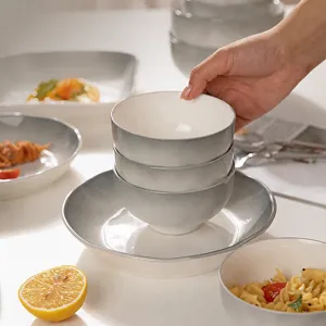 Service de bols et d'assiettes en céramique, vaisselle émaillée minimaliste pour cuisine.