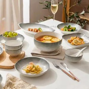 Set de vaisselle en céramique grise minimaliste, bols et assiettes élégants sous émail