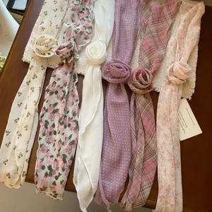 Chiffon rose scarf set, delicate floral print and solid ribbon design for women's stylish look.