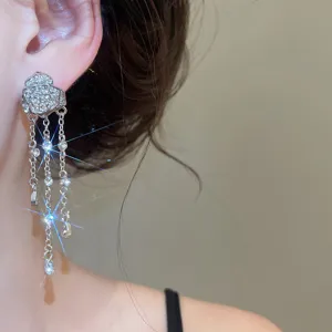 Luxury zircon flower tassel earrings, sparkling crystal dangle earrings for women banquet party.
