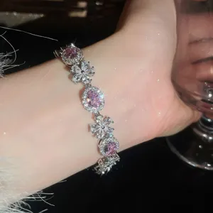 Brazalete de flores de cristal rosa plateado, elegante joyería de muñeca estilo princesa.
