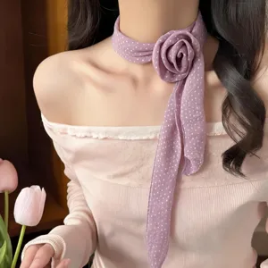French Vintage Chiffon Neck Scarf Necklace For Women Elegant 3D Rose Flower Skinny Scarf Floral Polka Dot Choker Accessory