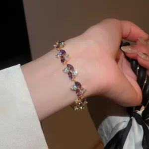 Elegante pulsera de trébol de cristal morado, joyería de mano de oro retro para mujeres.