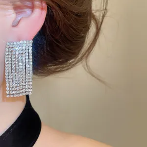Detailed close-up of sparkling rhinestone fringe drop earrings, shining crystal bridal jewelry.