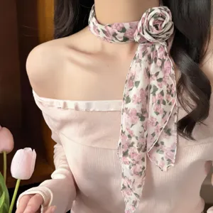 Chic pink floral chiffon rose choker scarf, French vintage neck accessory for women.