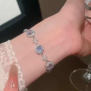 Elegante pulsera de cristal violeta y trébol, joyería de plata de lujo estilo princesa vintage mujer.