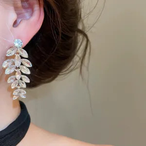 Elegant zircon leaf tassel earrings for women, sparkling crystal drop jewelry for party.