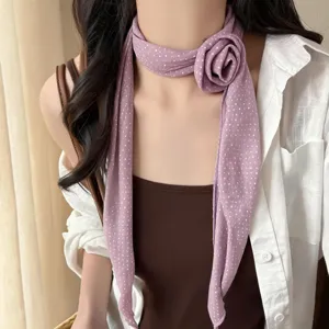 Chiffon Polka Dot Skinny Scarf with 3D Rose Flower French Vintage Neck Choker for Women