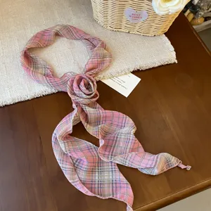 French vintage pink plaid chiffon neck scarf with chic rose design for women fashion accessory